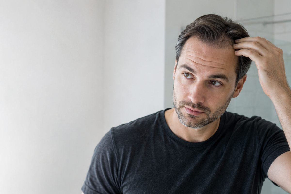 Adult checking their hairline and hair part in a mirror at home