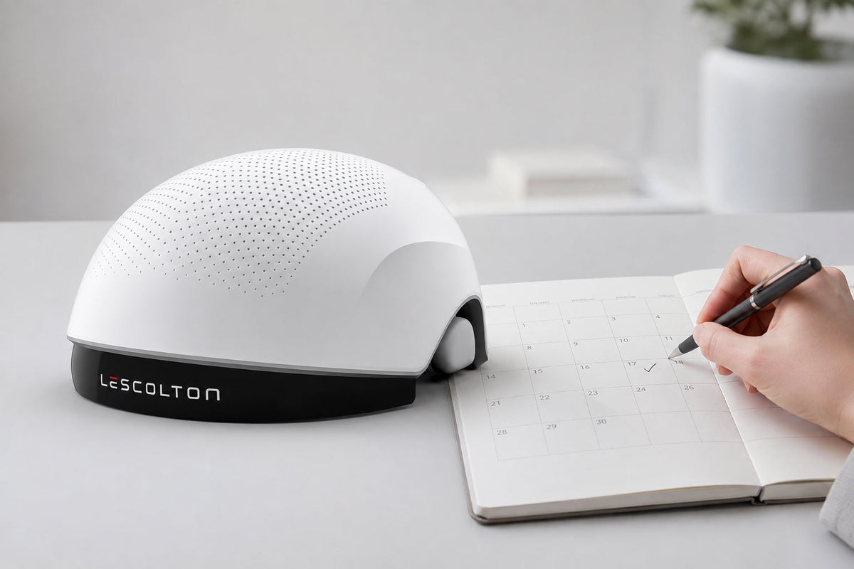 LESCOLTON hair growth device beside an open calendar for tracking a consistent routine