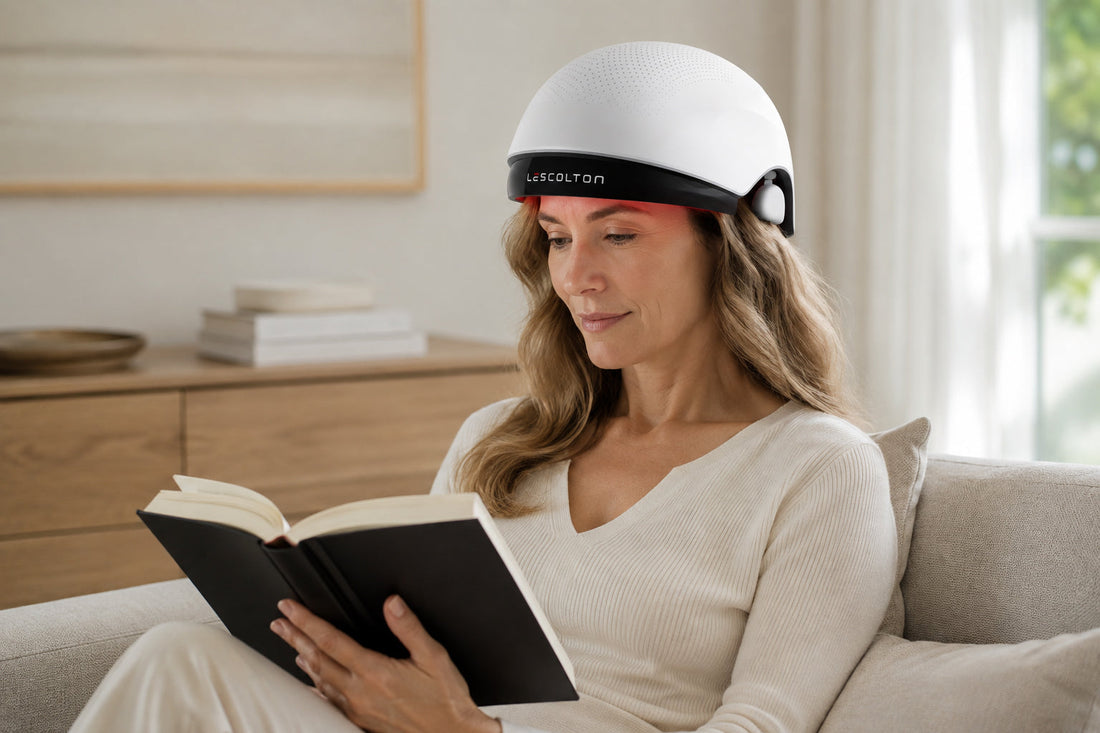 Person using a LESCOLTON low-level light therapy hair growth device at home