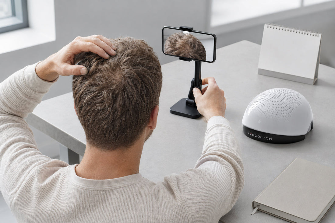 Adult tracking hair growth progress with a smartphone and LESCOLTON device nearby