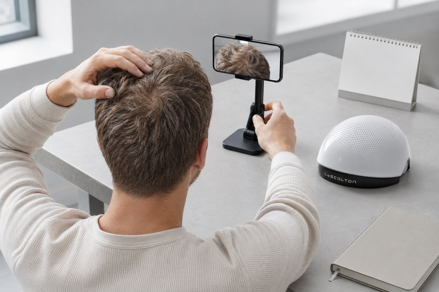 Adult tracking hair growth progress with a smartphone and LESCOLTON device nearby